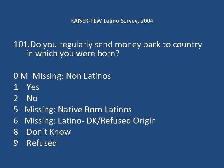 KAISER-PEW Latino Survey, 2004 101. Do you regularly send money back to country in