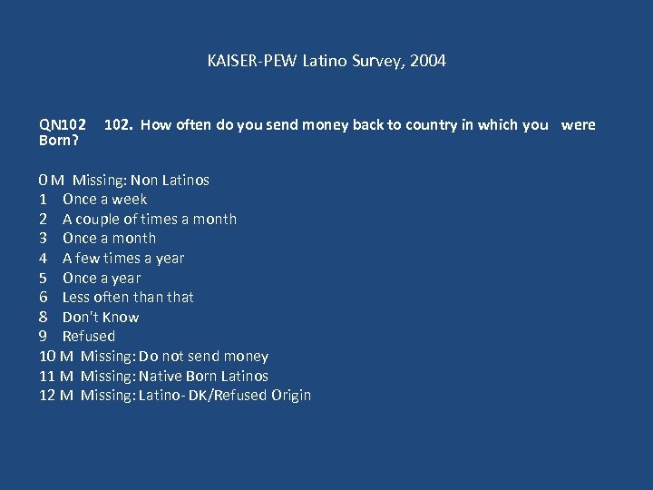 KAISER-PEW Latino Survey, 2004 QN 102 Born? 102. How often do you send money