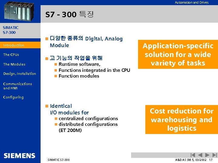 Automation and Drives S 7 - 300 특징 SIMATIC S 7 -300 종류의 Digital,