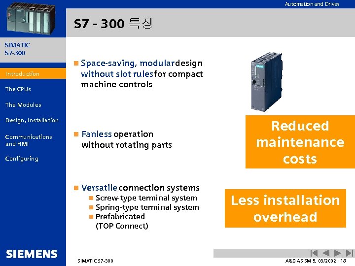 Automation and Drives S 7 - 300 특징 SIMATIC S 7 -300 n Space-saving,
