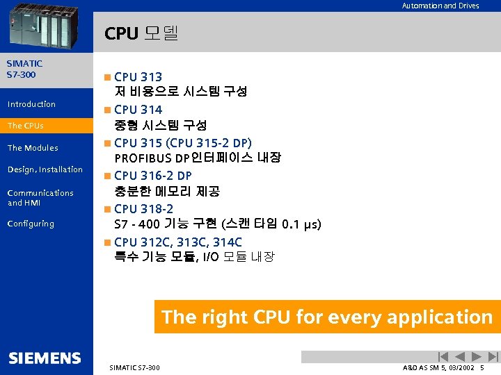 Automation and Drives CPU 모델 SIMATIC S 7 -300 Introduction The CPUs The Modules