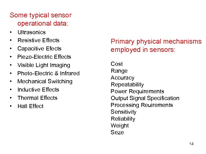 Some typical sensor operational data: • • • Ultrasonics Resistive Effects Capacitive Efects Piezo-Electric
