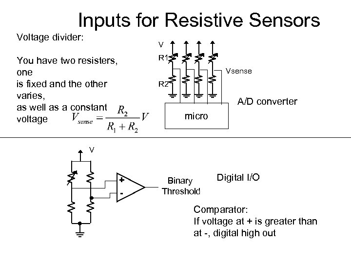 Inputs for Resistive Sensors Voltage divider: V You have two resisters, one is fixed