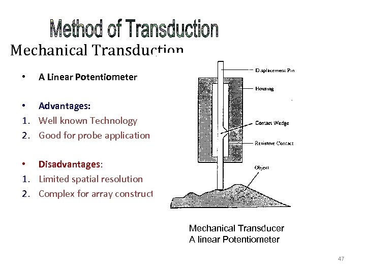 Mechanical Transduction • A Linear Potentiometer • Advantages: 1. Well known Technology 2. Good