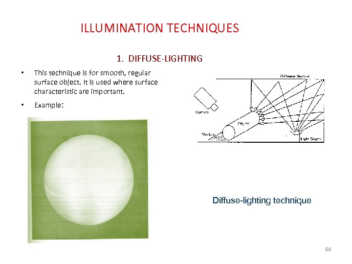 ILLUMINATION TECHNIQUES 1. DIFFUSE-LIGHTING • This technique is for smooth, regular surface object. It