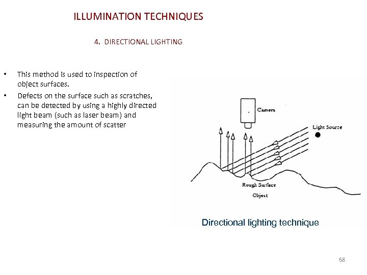 ILLUMINATION TECHNIQUES 4. DIRECTIONAL LIGHTING • • This method is used to inspection of
