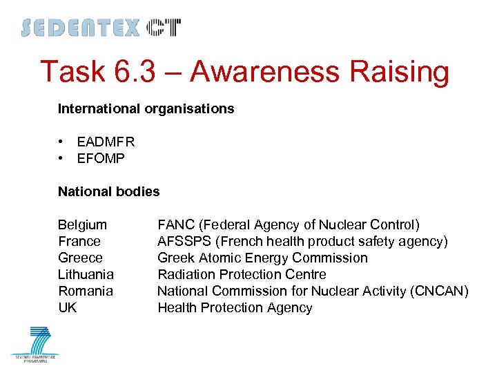 Task 6. 3 – Awareness Raising International organisations • EADMFR • EFOMP National bodies