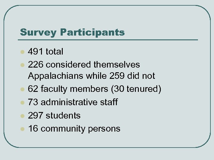 Survey Participants l l l 491 total 226 considered themselves Appalachians while 259 did