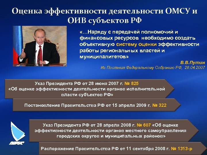 Оценка эффективности деятельности ОМСУ и ОИВ субъектов РФ «…Наряду с передачей полномочий и финансовых