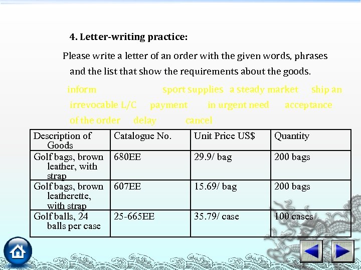 4. Letter-writing practice: Please write a letter of an order with the given words,