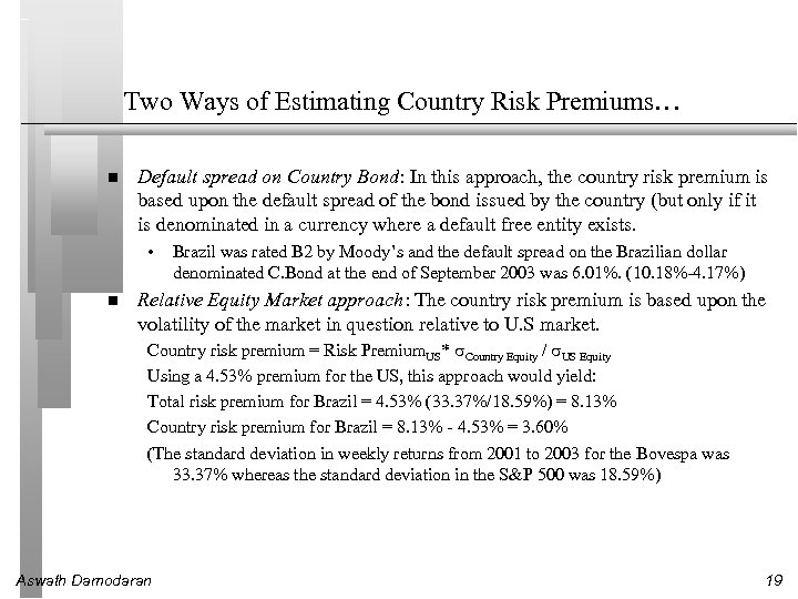 Two Ways of Estimating Country Risk Premiums… Default spread on Country Bond: In this