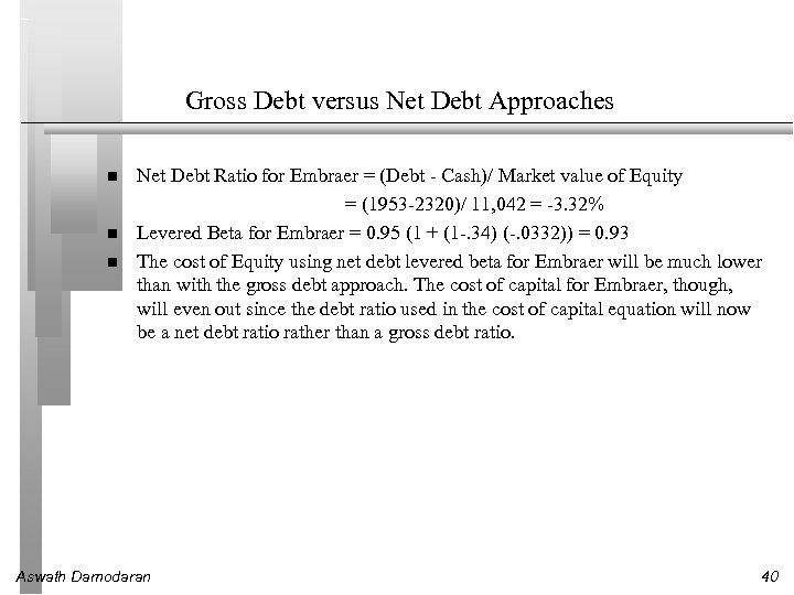 Gross Debt versus Net Debt Approaches Net Debt Ratio for Embraer = (Debt -
