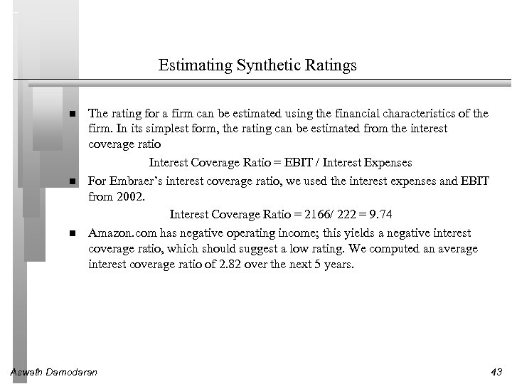 Estimating Synthetic Ratings The rating for a firm can be estimated using the financial