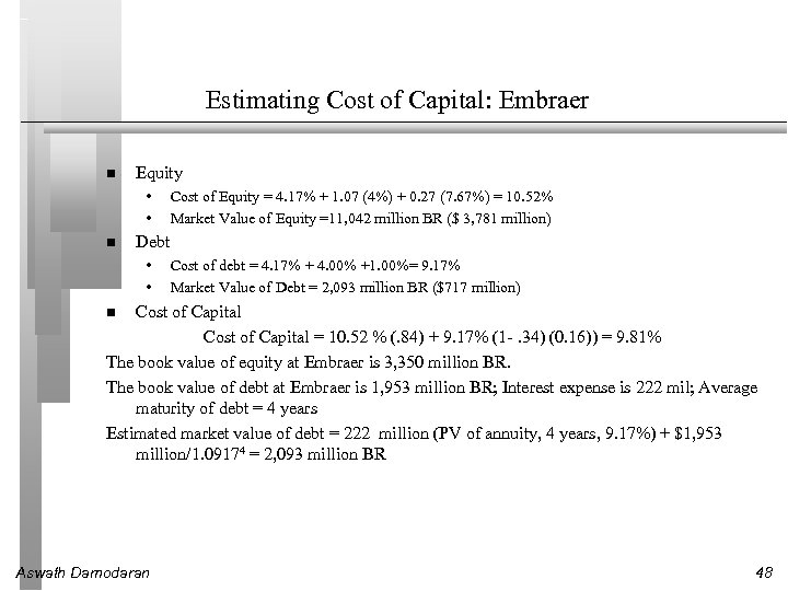 Estimating Cost of Capital: Embraer Equity • • Cost of Equity = 4. 17%
