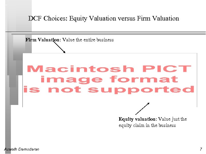 DCF Choices: Equity Valuation versus Firm Valuation: Value the entire business Equity valuation: Value