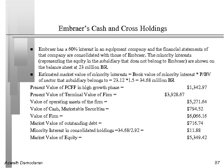 Embraer’s Cash and Cross Holdings Embraer has a 60% interest in an equipment company