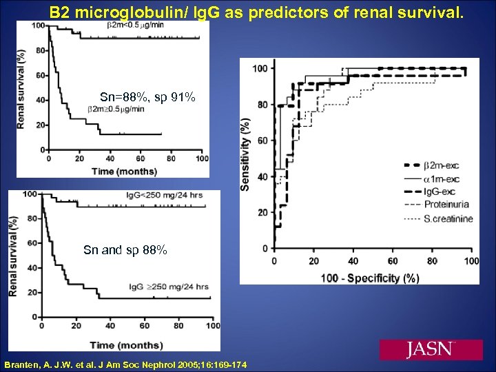 B 2 microglobulin/ Ig. G as predictors of renal survival. Sn=88%, sp 91% Sn