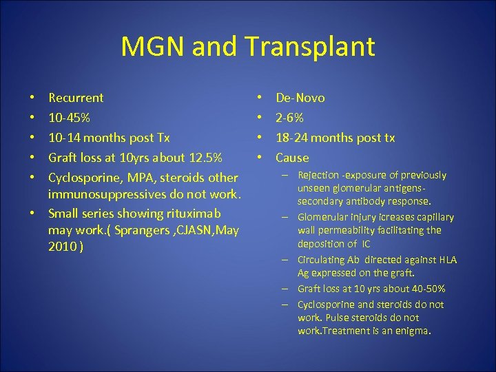 MGN and Transplant Recurrent 10 -45% 10 -14 months post Tx Graft loss at