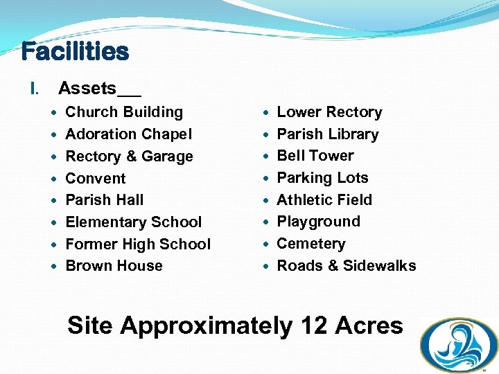 Facilities I. Assets Church Building Lower Rectory Adoration Chapel Parish Library Rectory & Garage