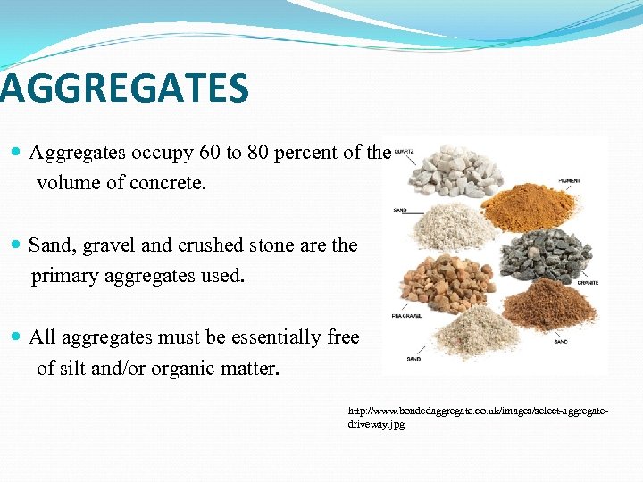 AGGREGATES Aggregates occupy 60 to 80 percent of the volume of concrete. Sand, gravel