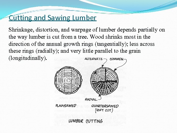 Cutting and Sawing Lumber Shrinkage, distortion, and warpage of lumber depends partially on the