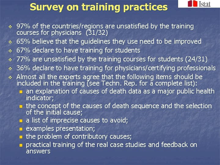 Survey on training practices v v v 97% of the countries/regions are unsatisfied by