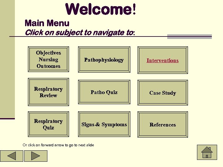 Welcome! Main Menu Click on subject to navigate to: Objectives Nursing Outcomes Pathophysiology Interventions