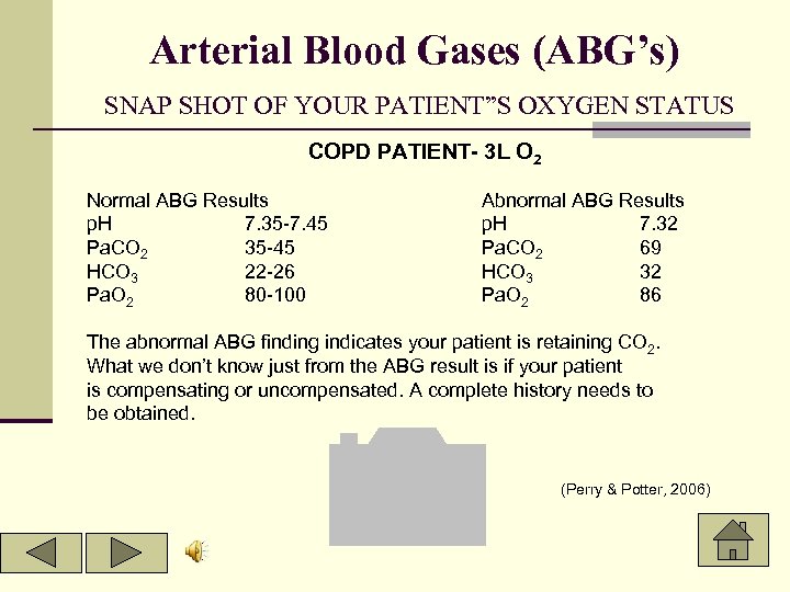 Arterial Blood Gases (ABG’s) SNAP SHOT OF YOUR PATIENT”S OXYGEN STATUS COPD PATIENT- 3