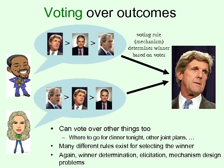 Voting over outcomes > > > voting rule (mechanism) determines winner based on votes