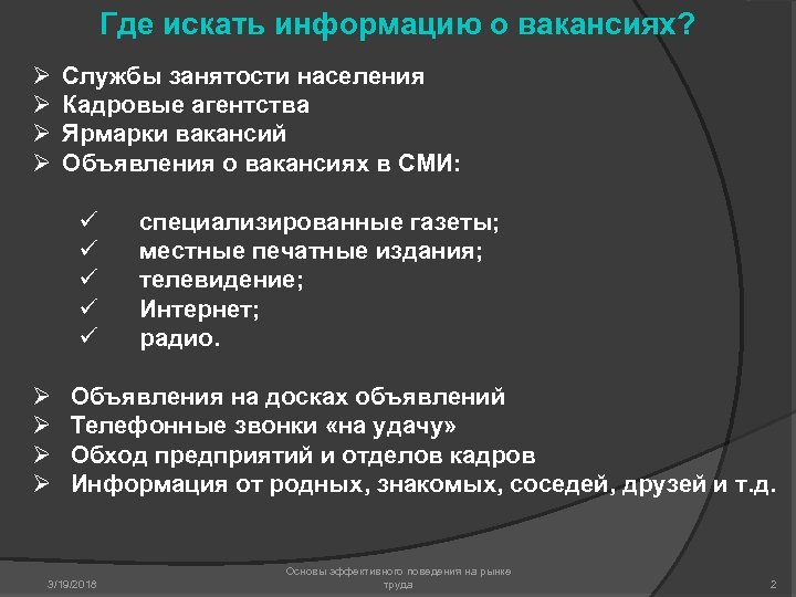 Где искать информацию о вакансиях? Ø Ø Службы занятости населения Кадровые агентства Ярмарки вакансий