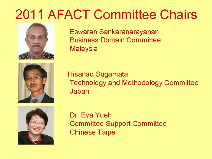 2011 AFACT Committee Chairs Eswaran Sankaranarayanan Business Domain Committee Malaysia Hisanao Sugamata Technology and