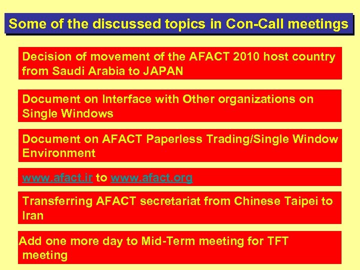 Some of the discussed topics in Con-Call meetings Decision of movement of the AFACT