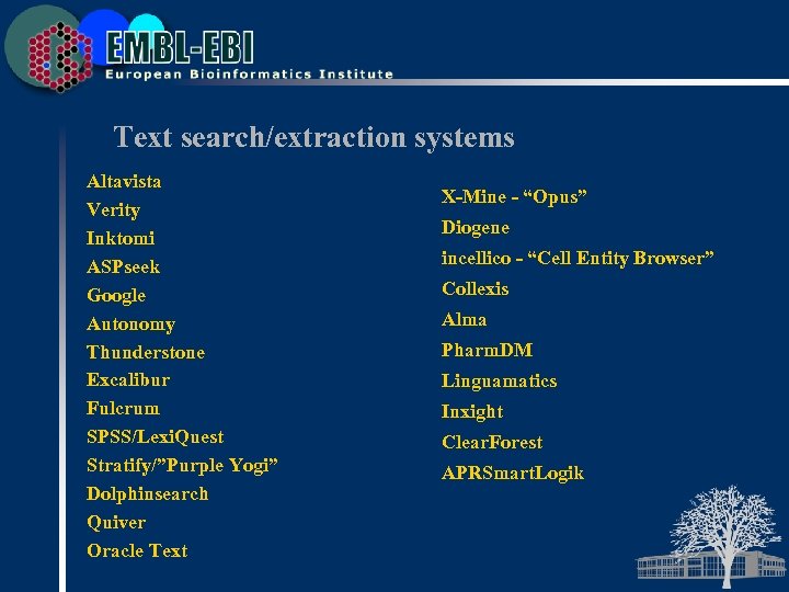 Text search/extraction systems Altavista Verity Inktomi ASPseek Google Autonomy Thunderstone Excalibur Fulcrum SPSS/Lexi. Quest