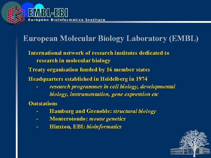 European Molecular Biology Laboratory (EMBL) International network of research institutes dedicated to research in