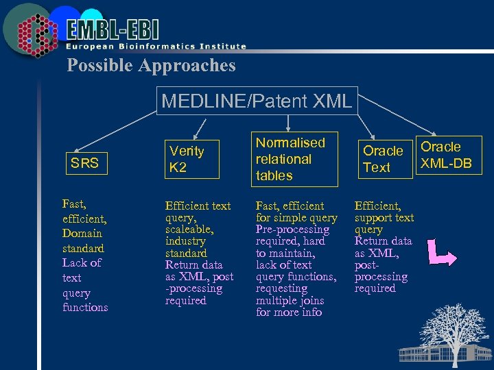 Possible Approaches MEDLINE/Patent XML SRS Fast, efficient, Domain standard Lack of text query functions