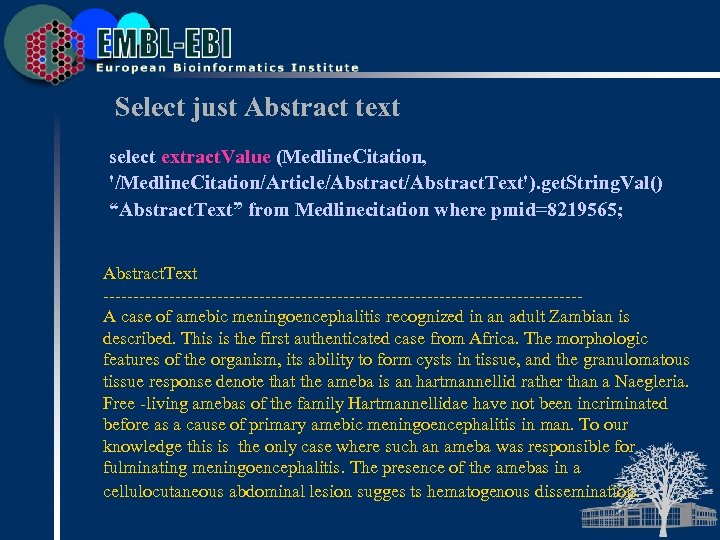 Select just Abstract text select extract. Value (Medline. Citation, '/Medline. Citation/Article/Abstract. Text'). get. String.