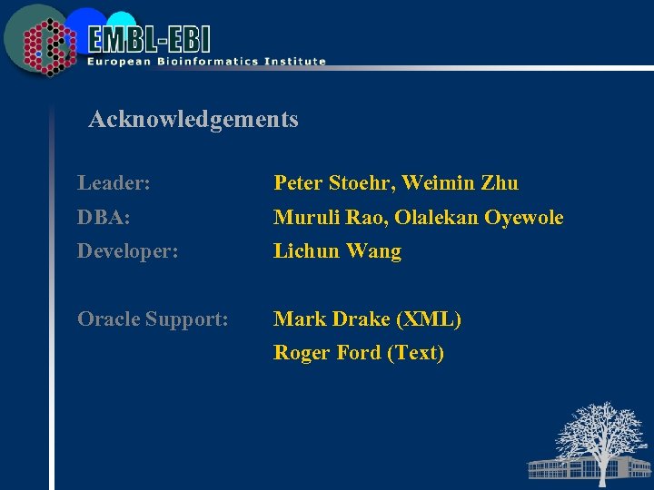 Acknowledgements Leader: Peter Stoehr, Weimin Zhu DBA: Muruli Rao, Olalekan Oyewole Developer: Lichun Wang