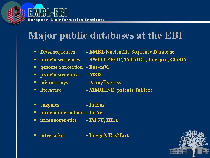 Major public databases at the EBI § § § DNA sequences protein sequences genome