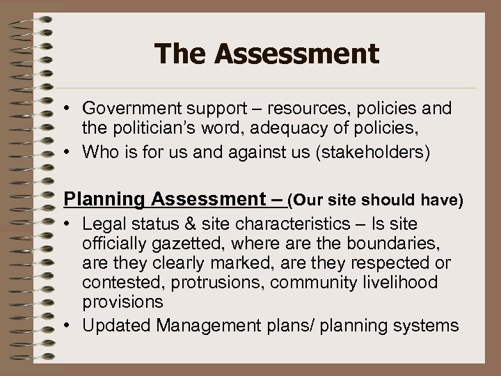 The Assessment • Government support – resources, policies and the politician’s word, adequacy of