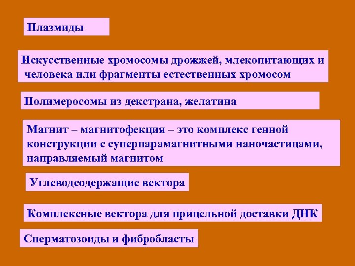Плазмиды Искусственные хромосомы дрожжей, млекопитающих и человека или фрагменты естественных хромосом Полимеросомы из декстрана,