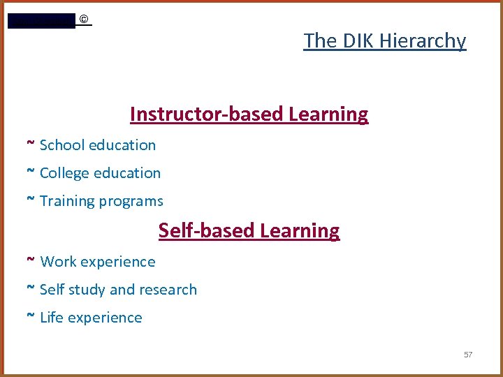 Rami Gharaibeh © The DIK Hierarchy Instructor-based Learning ~ School education ~ College education