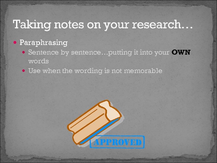 Taking notes on your research… Paraphrasing Sentence by sentence…putting it into your OWN words