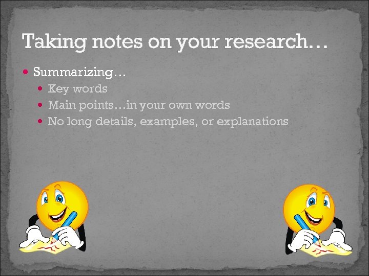 Taking notes on your research… Summarizing… Key words Main points…in your own words No