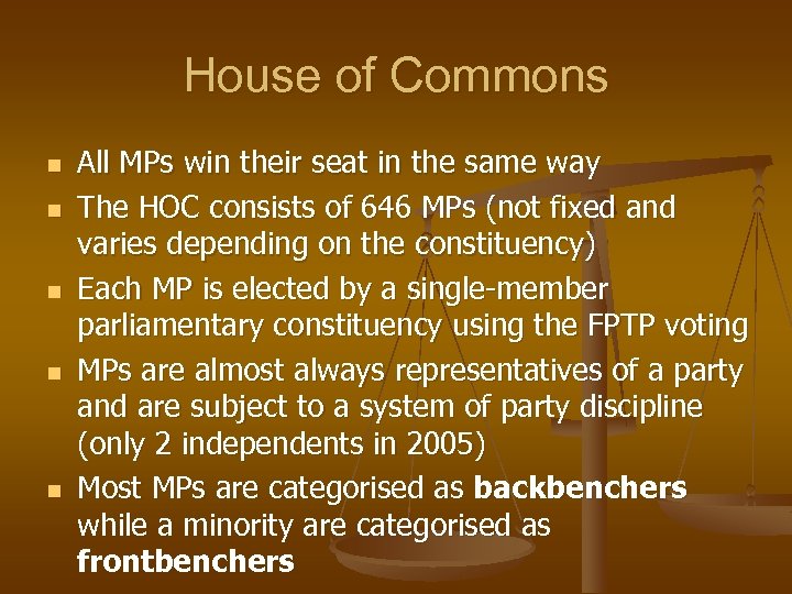 House of Commons n n n All MPs win their seat in the same