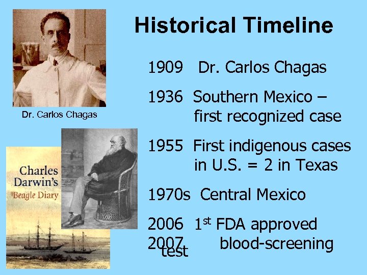 Historical Timeline 1909 Dr. Carlos Chagas 1936 Southern Mexico – first recognized case 1955