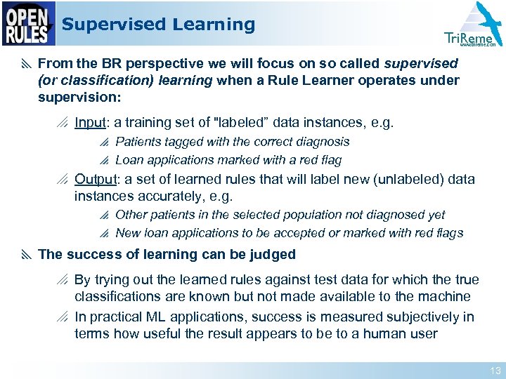 Supervised Learning Tri. Reme www. trireme. com y From the BR perspective we will