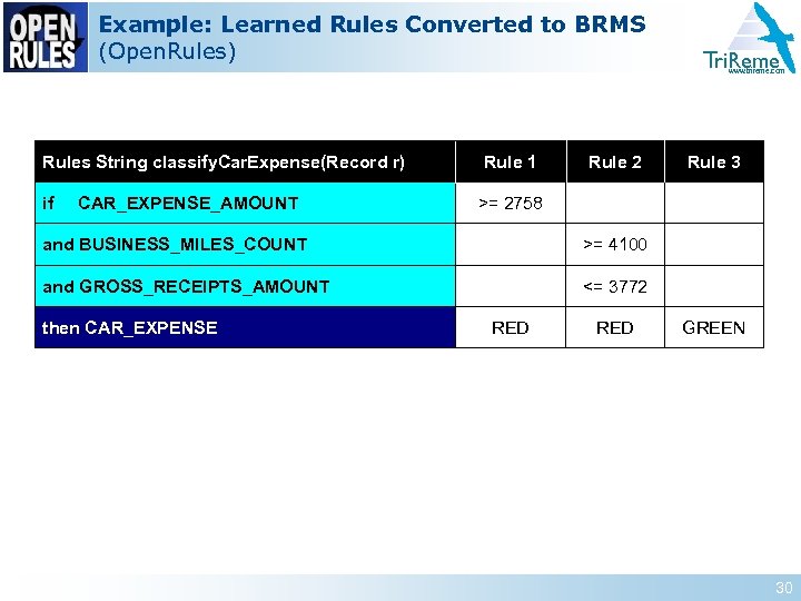 Example: Learned Rules Converted to BRMS (Open. Rules) Tri. Reme www. trireme. com Rules