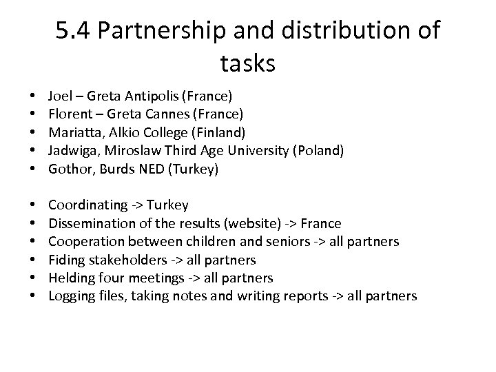 5. 4 Partnership and distribution of tasks • • • Joel – Greta Antipolis