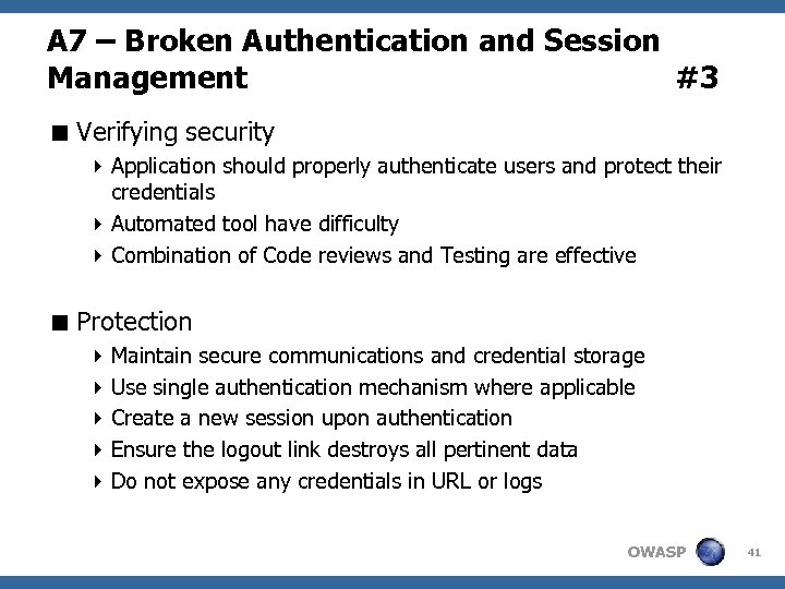 A 7 – Broken Authentication and Session Management #3 < Verifying security 4 Application