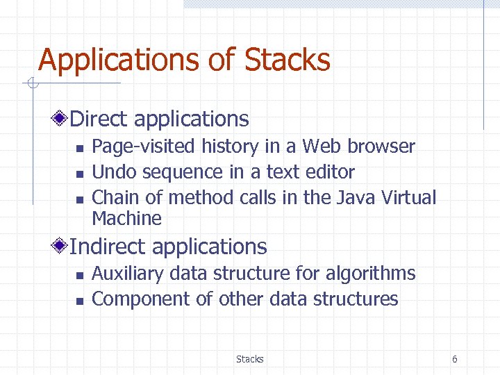 Applications of Stacks Direct applications n n n Page-visited history in a Web browser